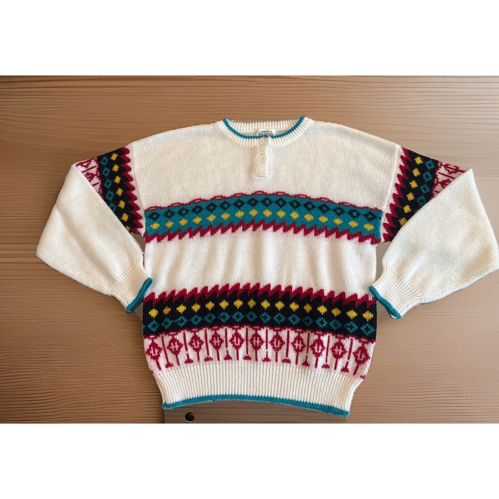 Here's A Hug Vintage Ski Lodge Print 80s/90s Size Med. Teal Red Yellow Black